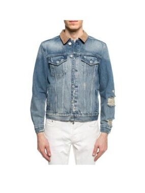 All Saints Light Blue Denim Jacket with Tan Corduroy Collar